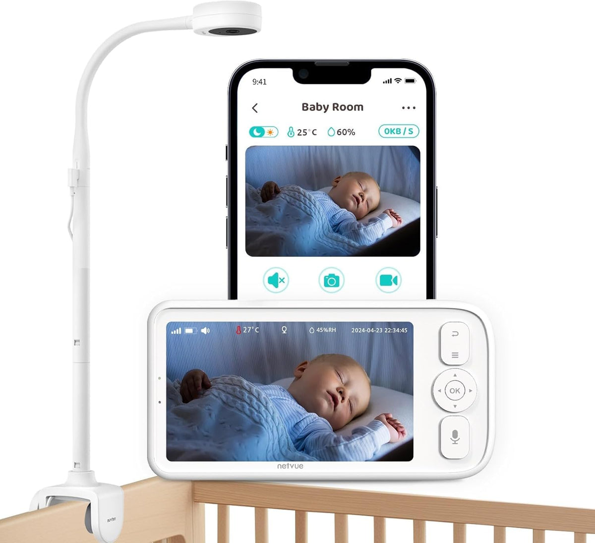 Peekababy baby monitor 5-inch screen for real-time viewing from nursery to off-site.