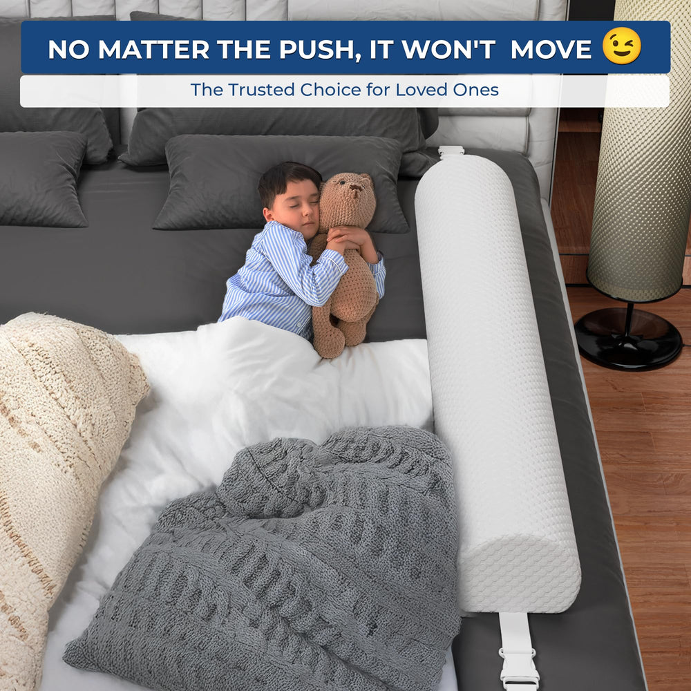 Peekabi bed rail in use on a full-size bed shows a sturdy safety barrier