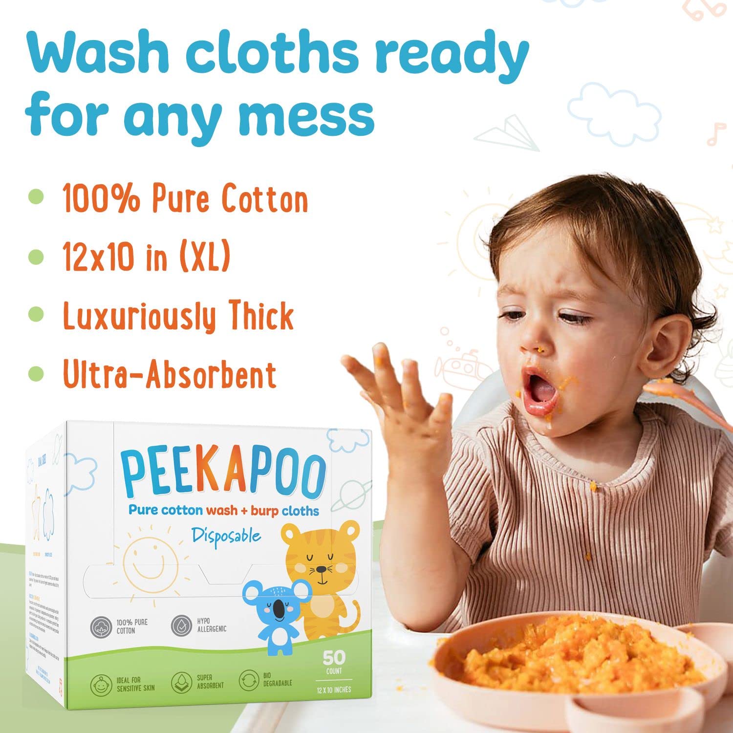 Peekapoo biodegradable cotton towels packaged showing eco-friendly disposal option.