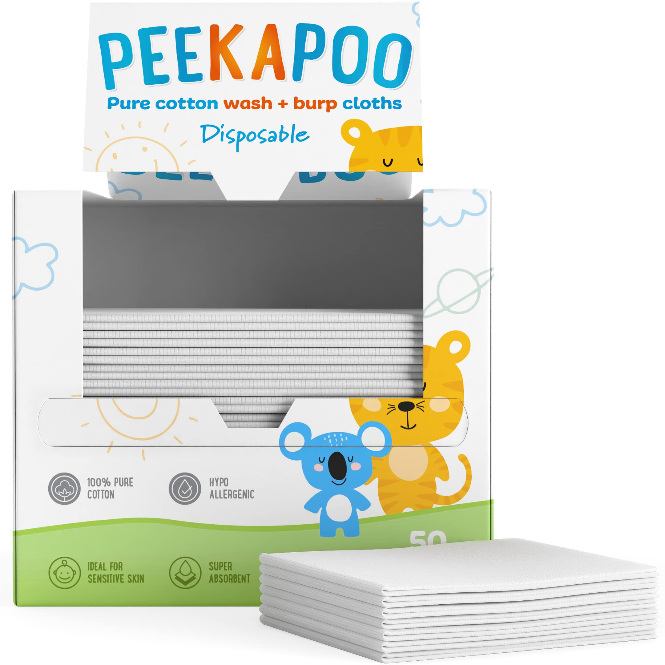 Peekapoo disposable cotton wash cloths 12x10 pack for quick, mess-friendly cleanups.