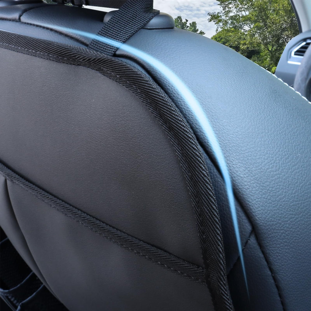 pefirst car backseat organizer drink holders shows dual cup holders for beverages within reach.
