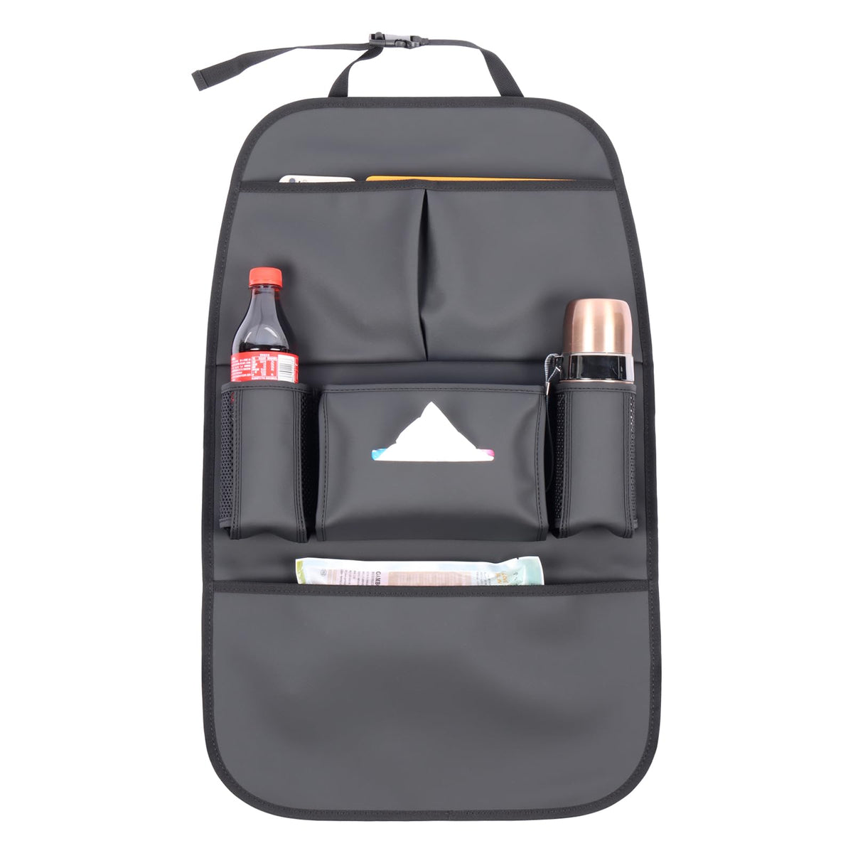pefirst car backseat organizer full view demonstrates spacious storage for kids' toys and devices.