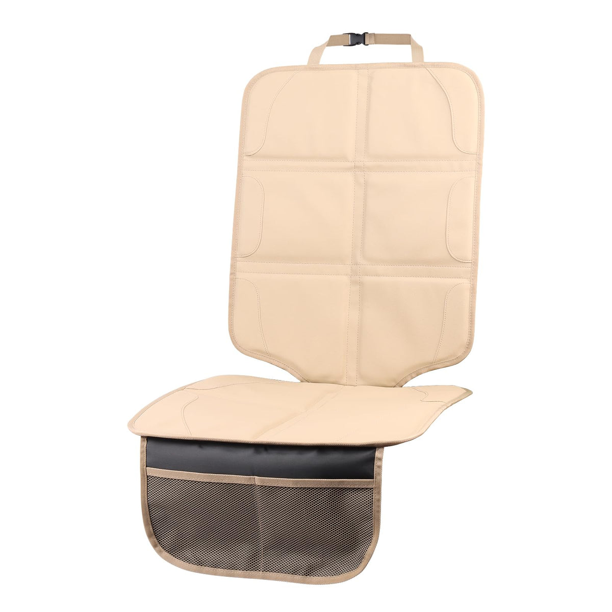 pefirst car seat protector beige A front view shows extra thick padding for family comfort.