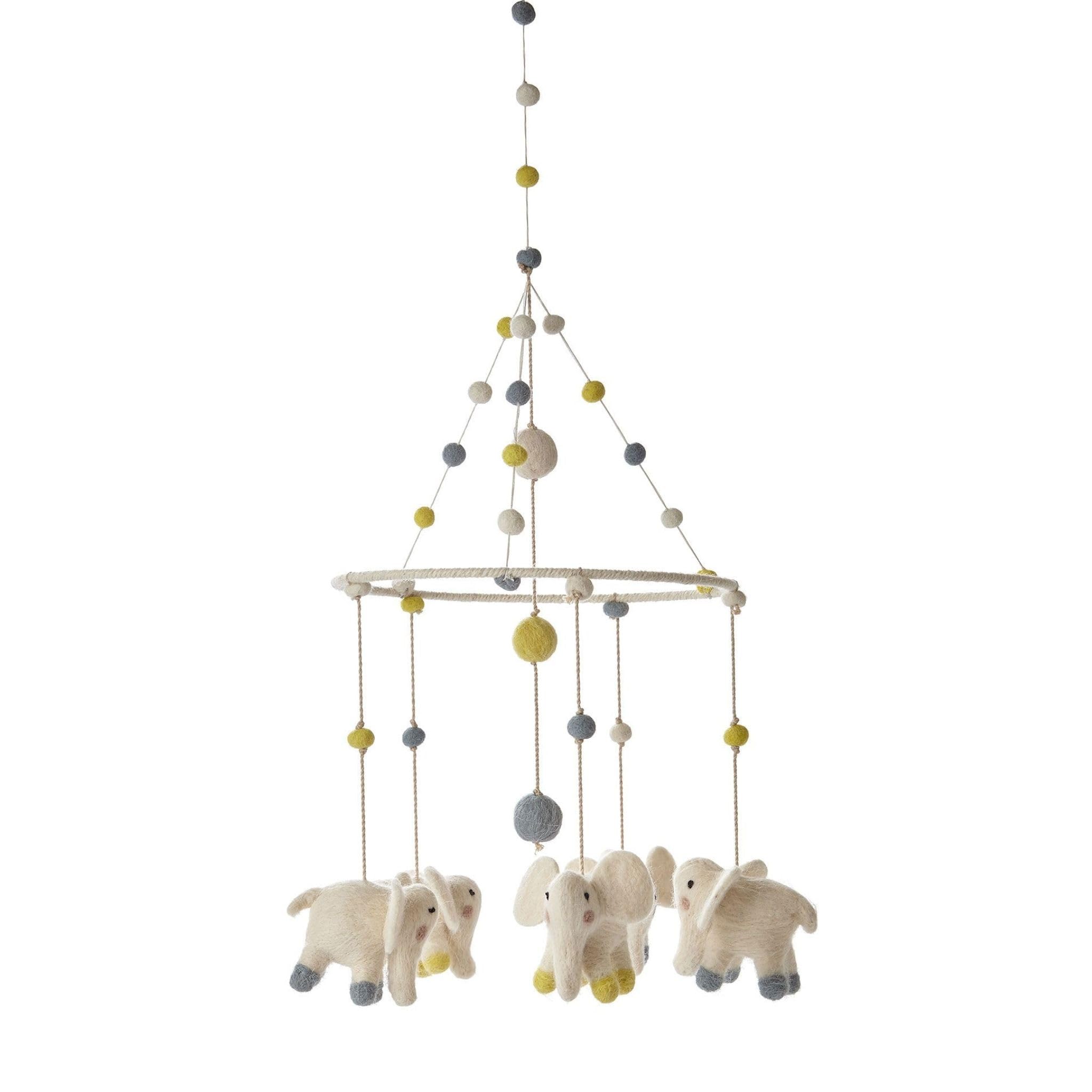 PEHR elephant mobile with wool felt figures creates a soothing nursery focal point.