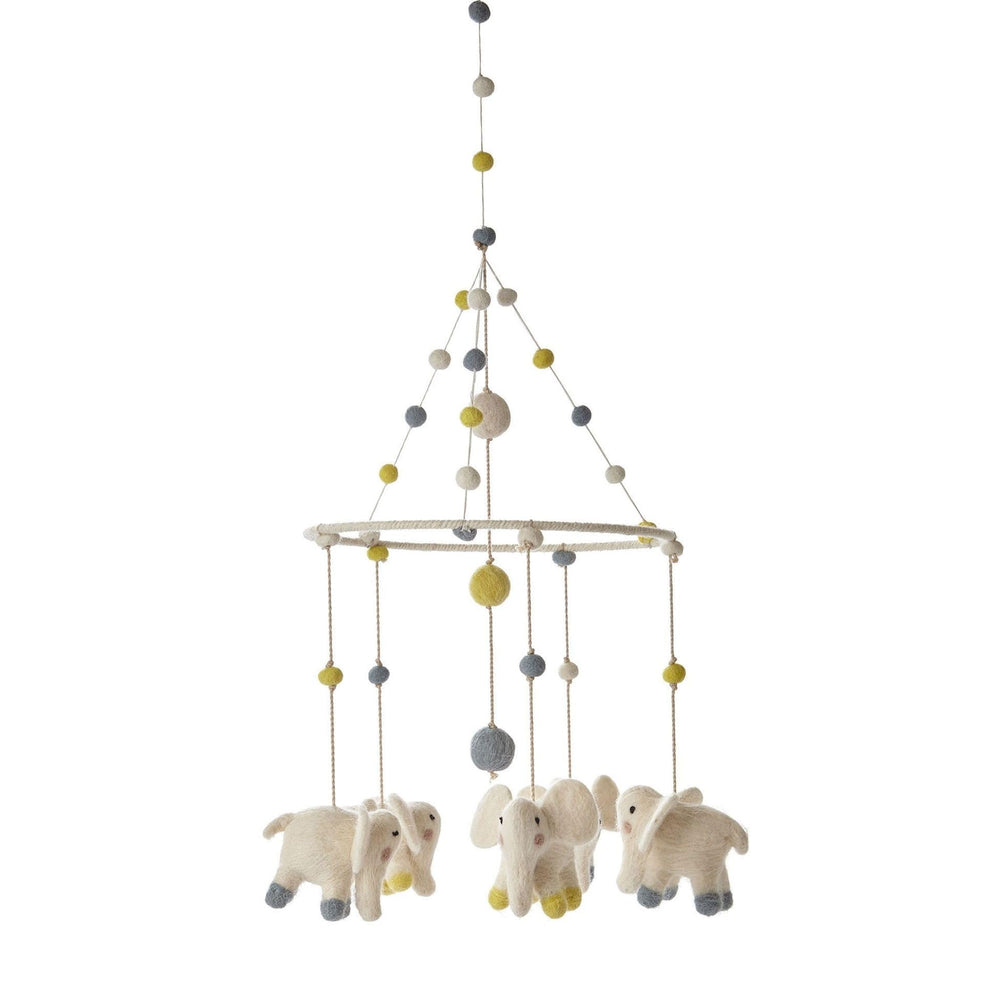 PEHR elephant mobile with wool felt figures creates a soothing nursery focal point.