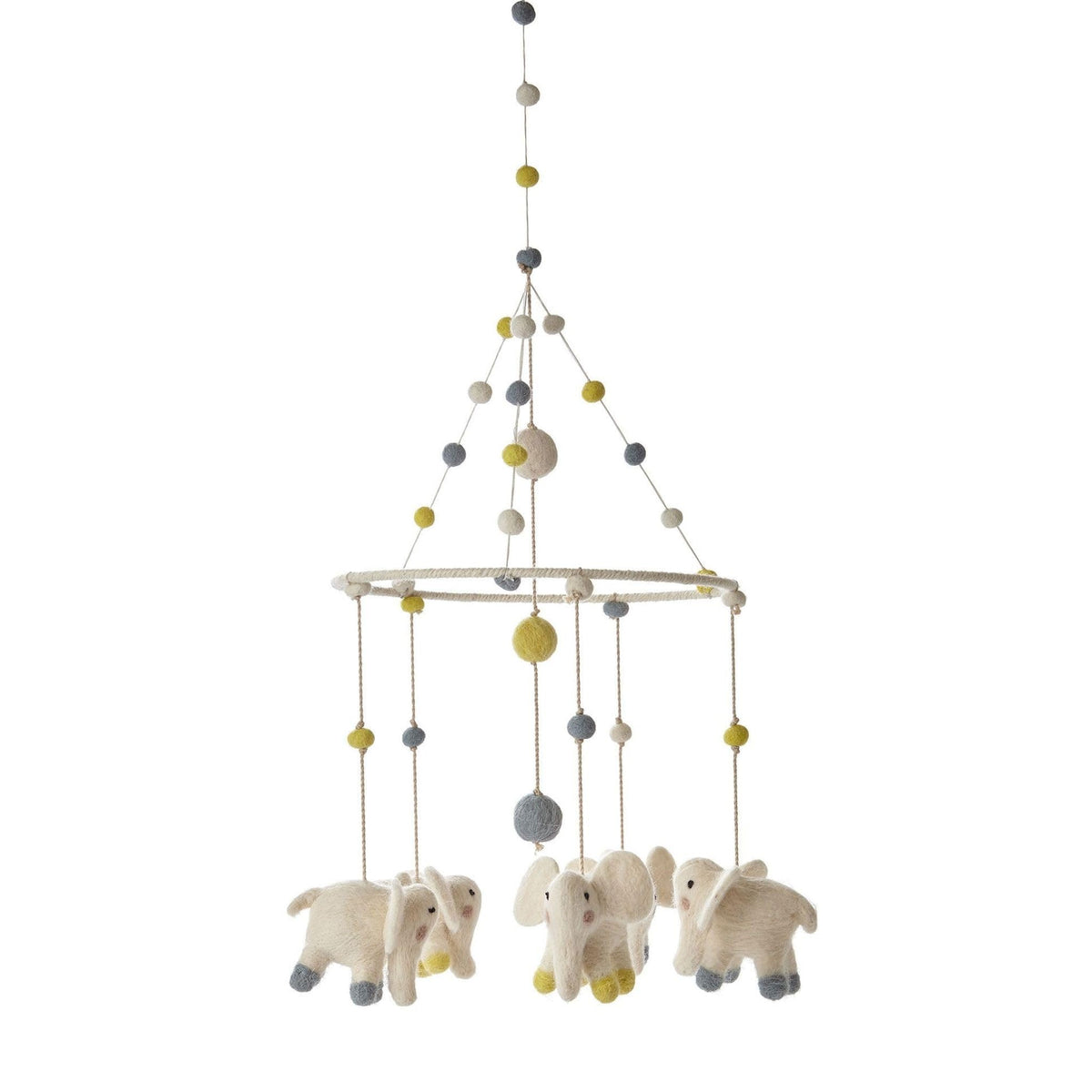 PEHR elephant mobile with wool felt figures creates a soothing nursery focal point.