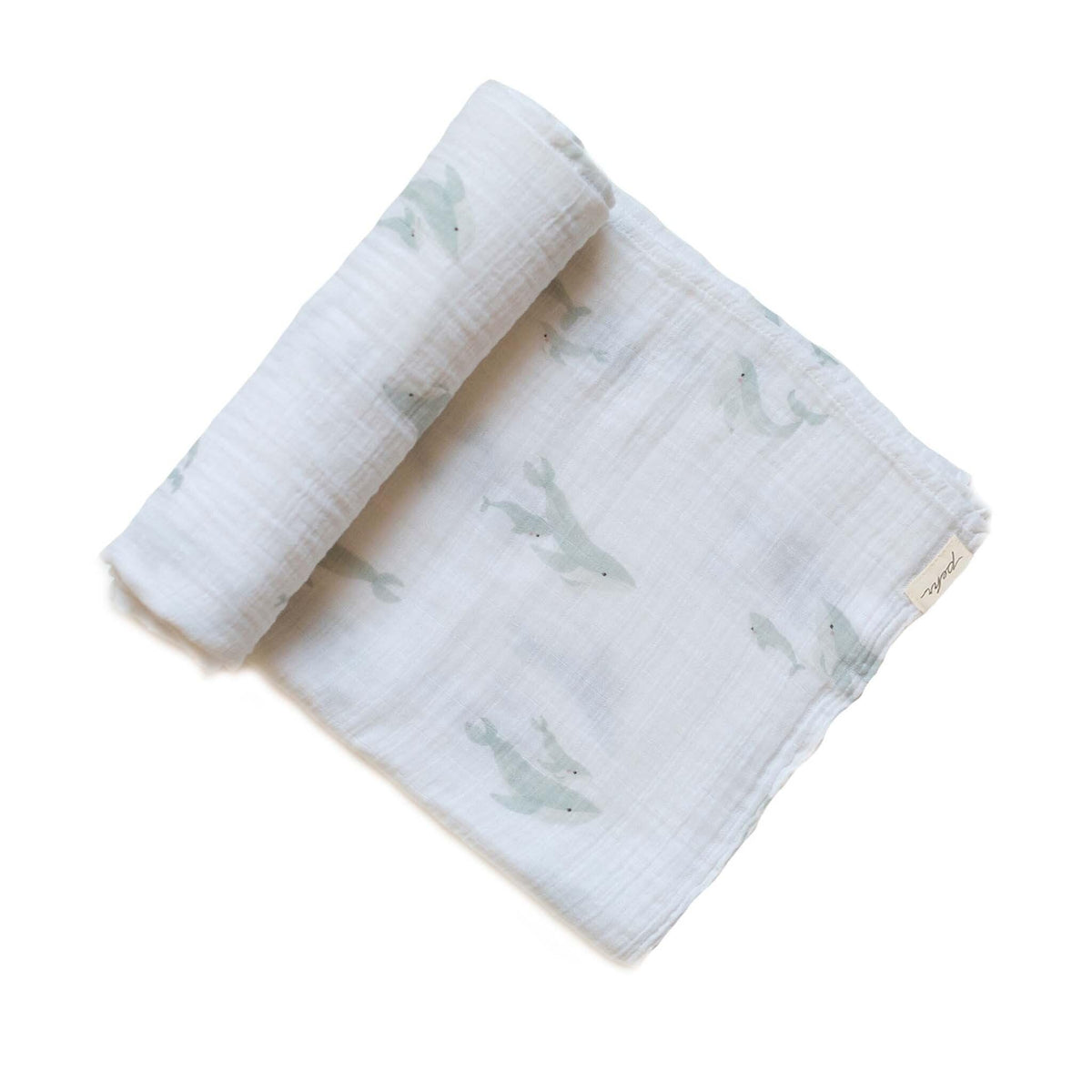 PEHR Follow Me Elephant swaddle close-up showing hand-printed AZO-free design.