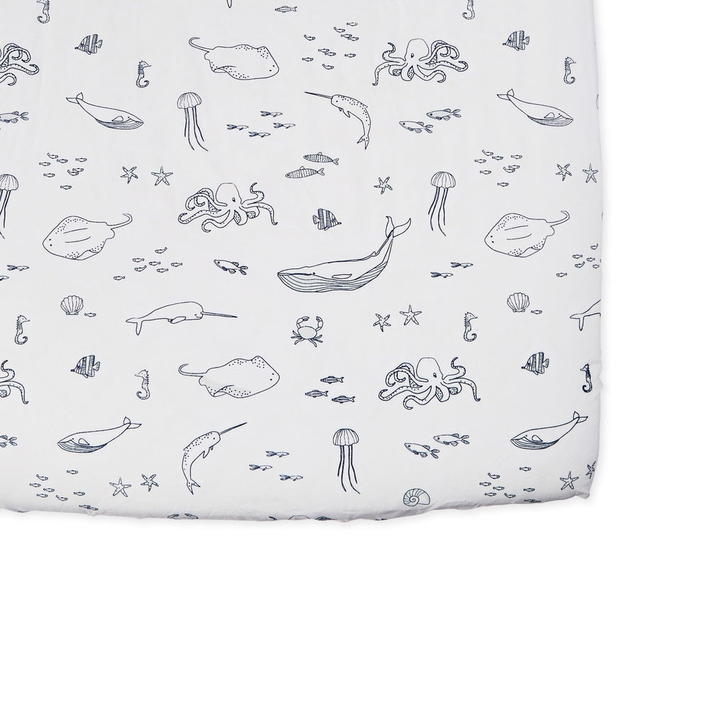 PEHR Life Aquatic crib sheet in breathable brushed cotton for cozy nights.