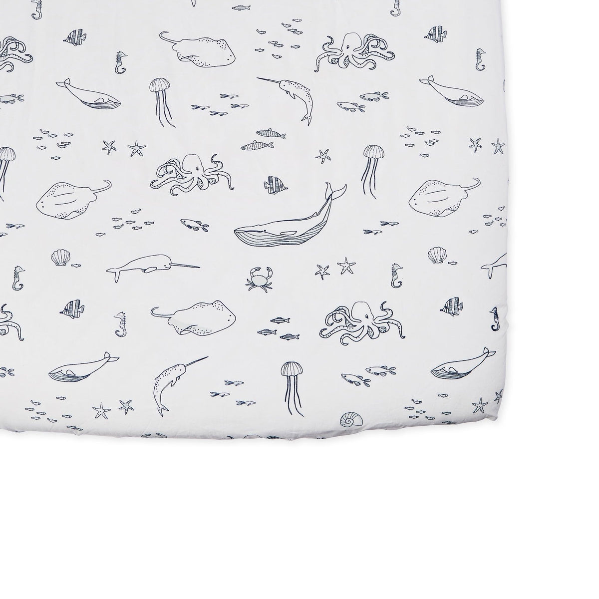 PEHR Life Aquatic crib sheet in breathable brushed cotton for cozy nights.