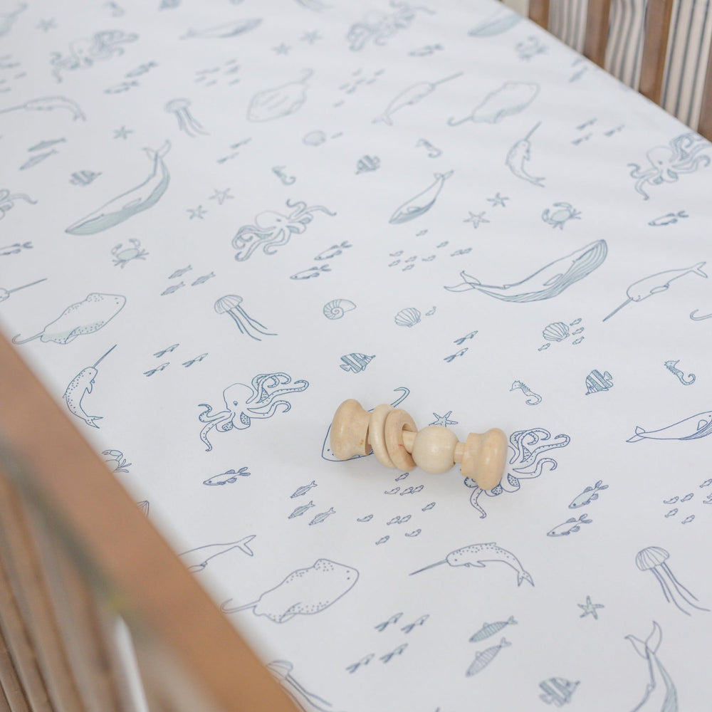 PEHR Life Aquatic crib sheet features hand-printed design with AZO-free dyes.