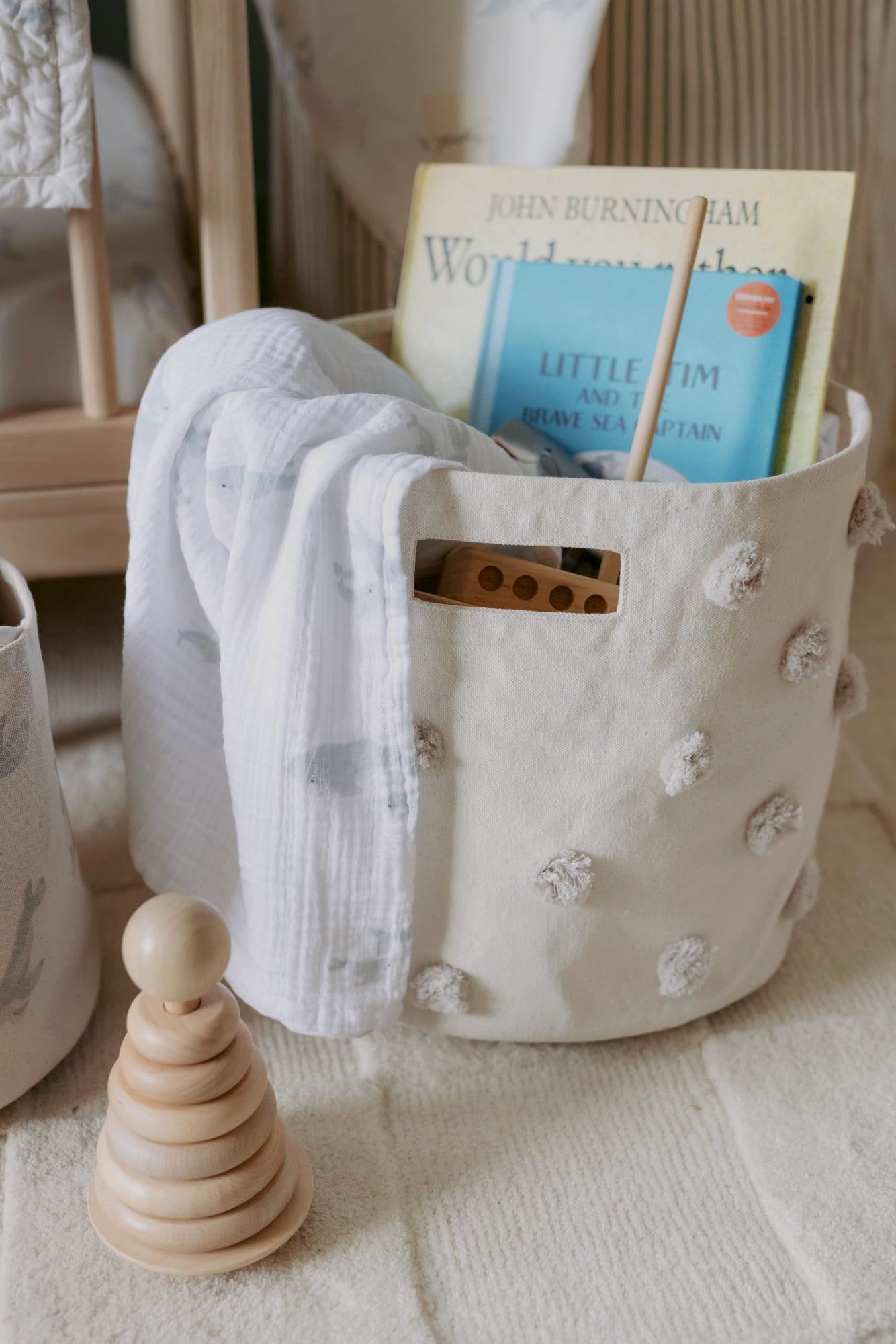 Pehr Pom Pom Basket Grey closeup canvas texture signals quality materials
