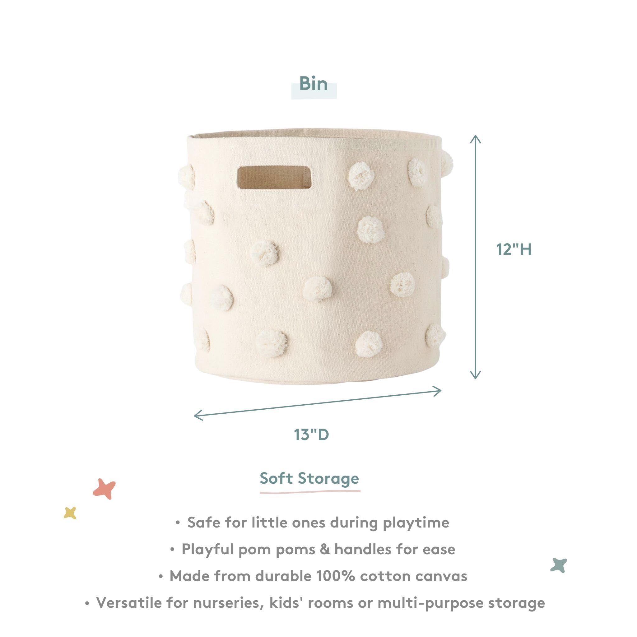 Pehr Pom Pom Basket Grey pom-poms detail adds playful decor for kid-friendly rooms