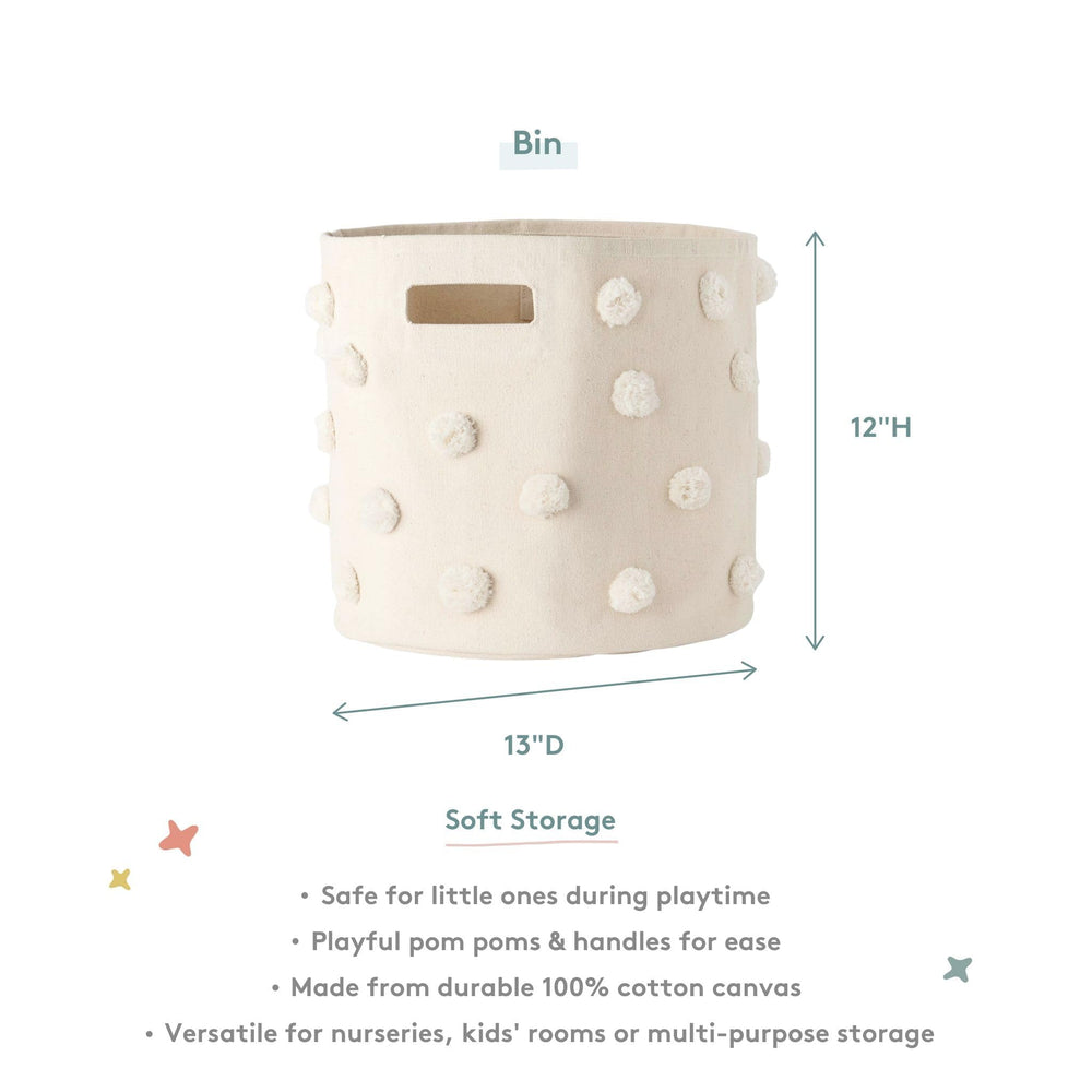 Pehr Pom Pom Basket Grey pom-poms detail adds playful decor for kid-friendly rooms