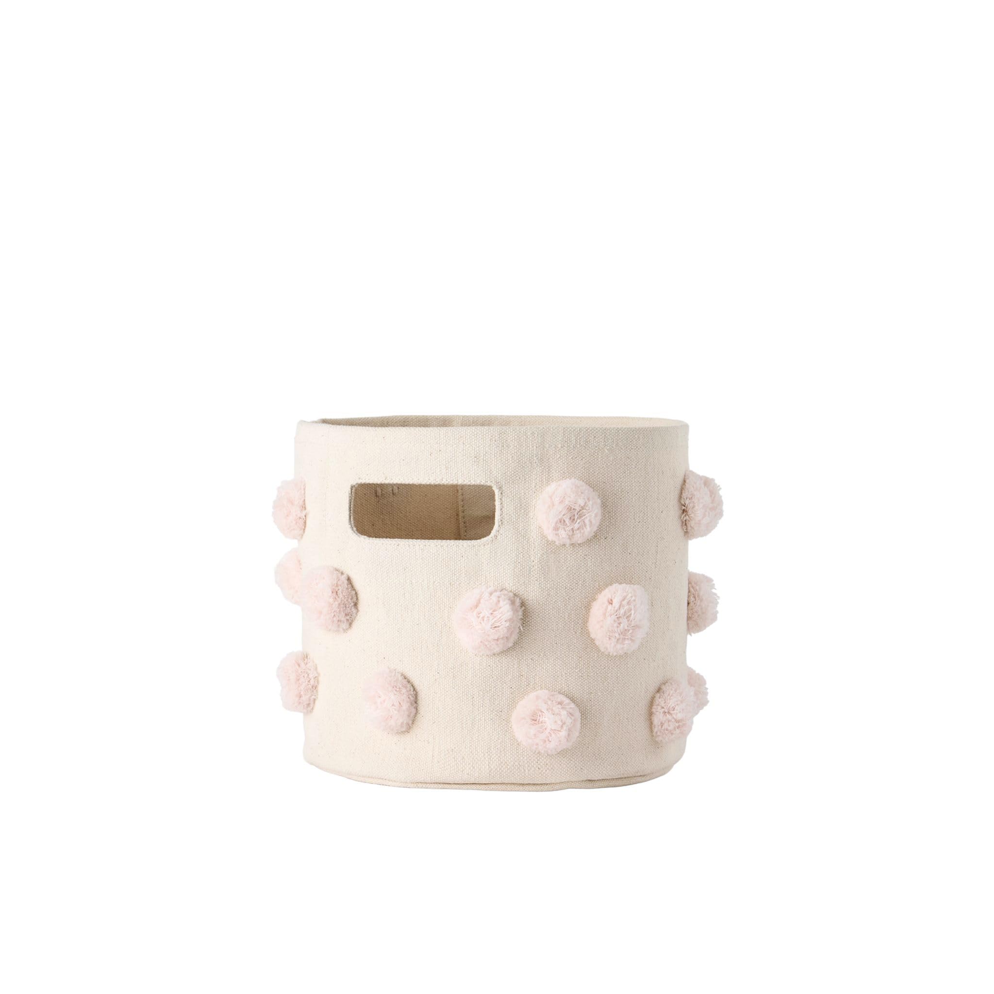 Pehr Pom Pom Basket Mini Blush front view ideal for nursery toy storage.