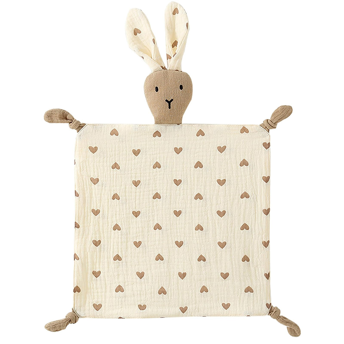 PEIPEIWU bunny lovey closeup shows soft organic cotton muslin for gentle baby comfort.