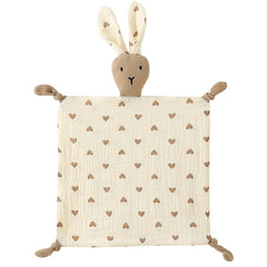 PEIPEIWU bunny lovey closeup shows soft organic cotton muslin for gentle baby comfort.