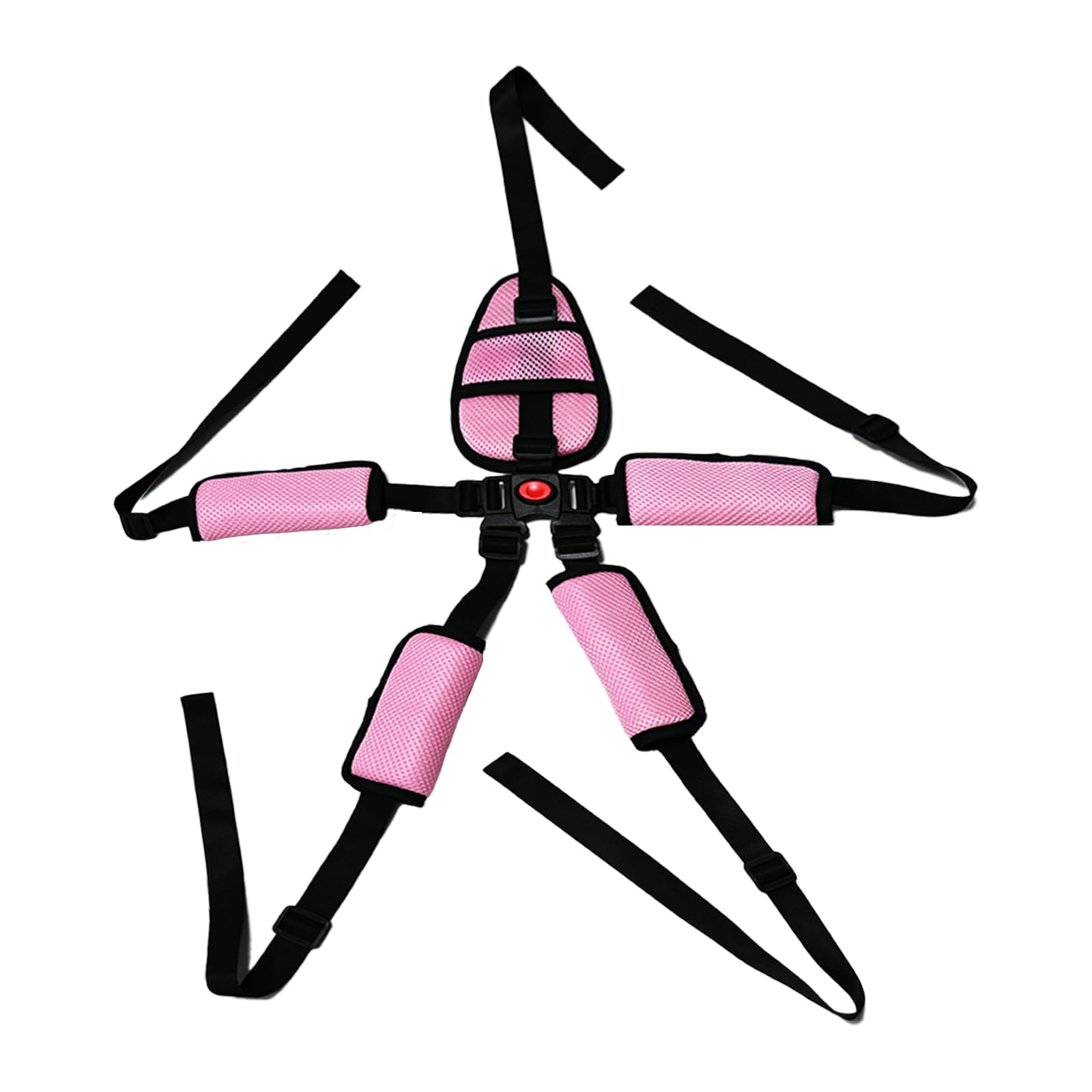 Peixiong universal 5-point harness in pink showing full-body safety for high chairs