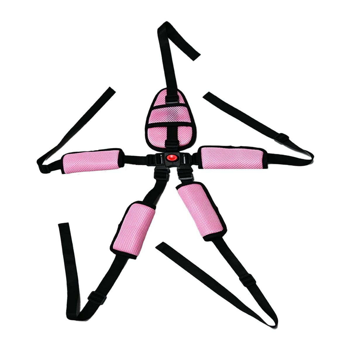 Peixiong universal 5-point harness in pink showing full-body safety for high chairs