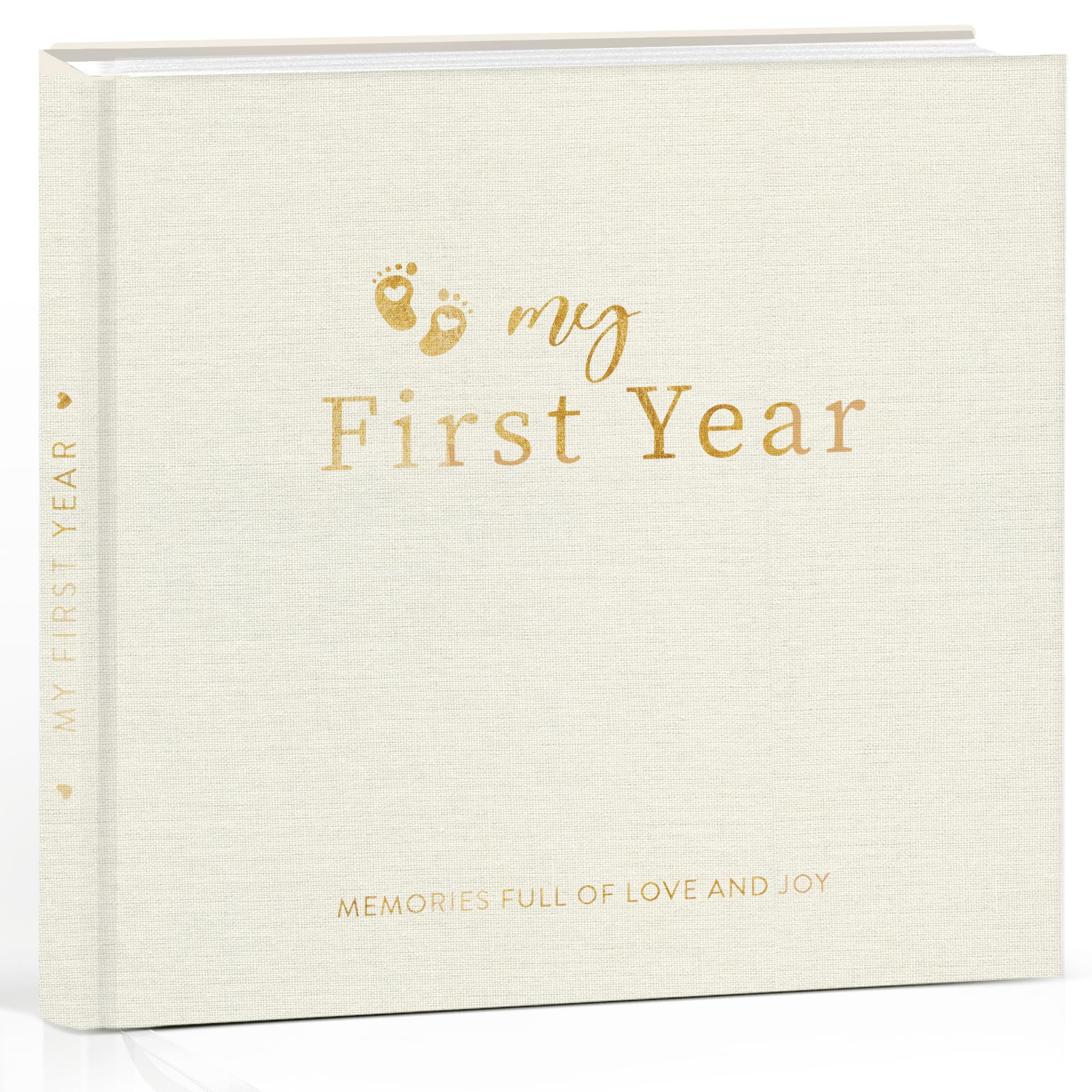 Pejoye Baby Memory Book first year cover in beige linen for lasting keepsakes.