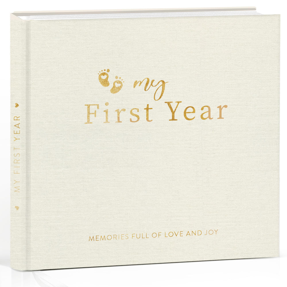 Pejoye Baby Memory Book first year cover in beige linen for lasting keepsakes.