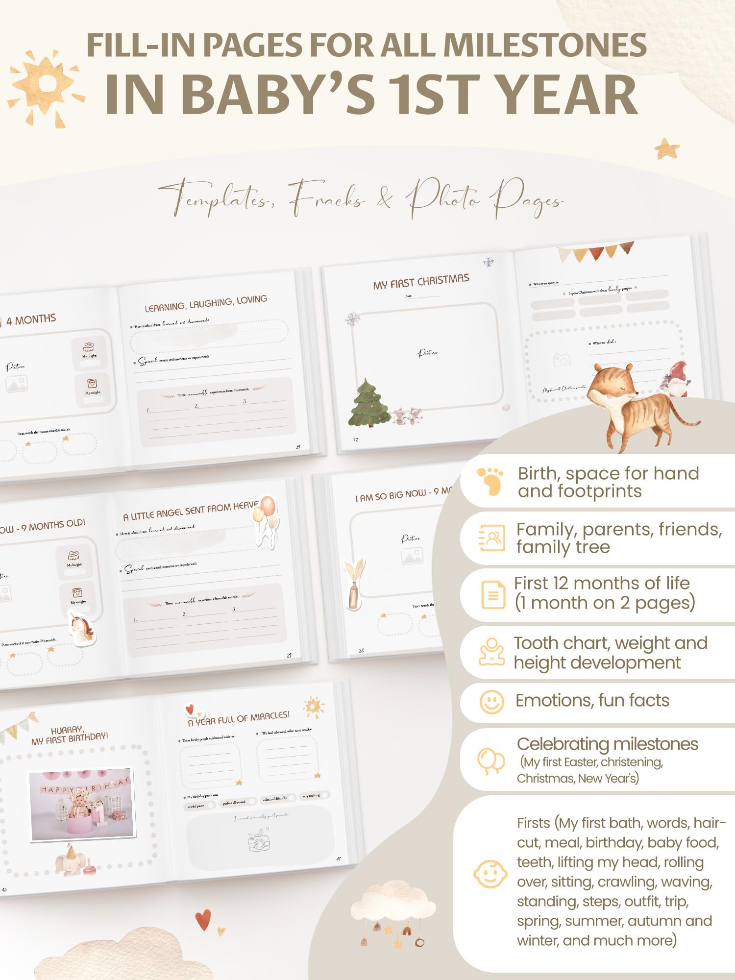 Pejoye Baby Memory Book growth record pages capture first smiles and milestones.