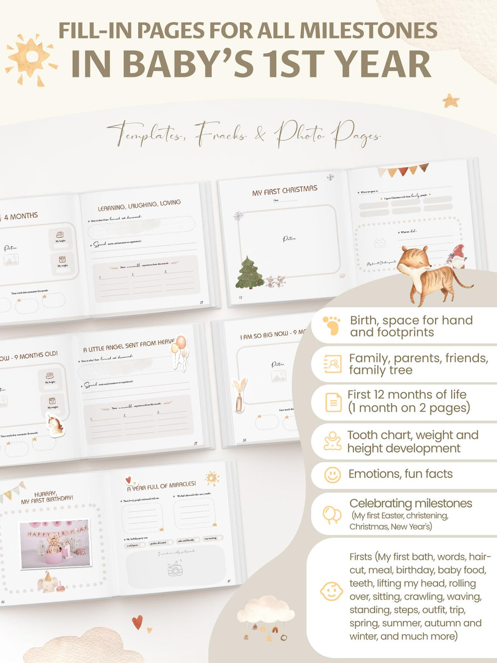 Pejoye Baby Memory Book growth record pages capture first smiles and milestones.