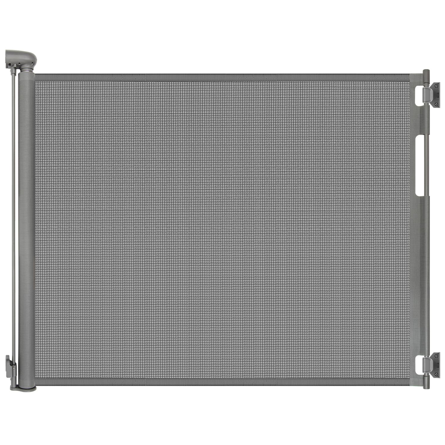 Peluasua retractable baby gate at doorway extended to 55 inches for wide openings