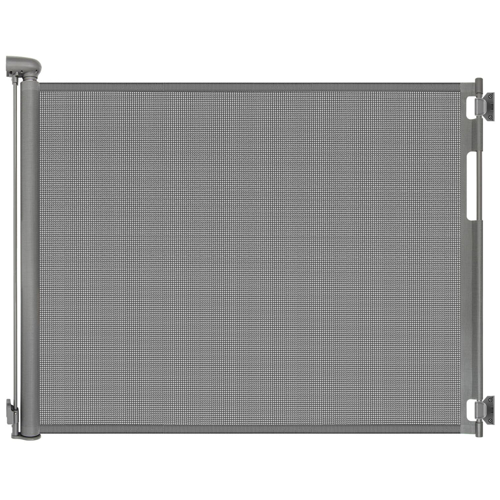 Peluasua retractable baby gate at doorway extended to 55 inches for wide openings