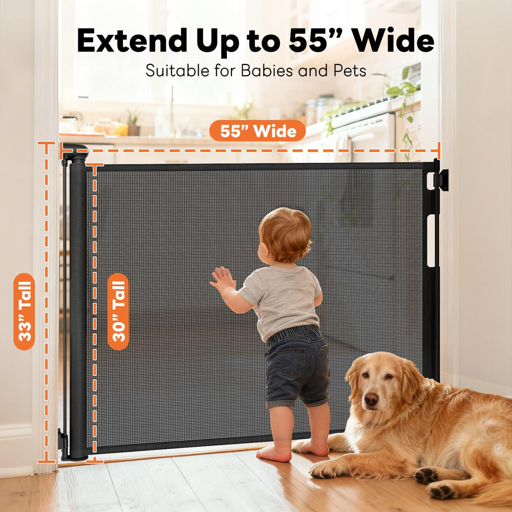 Peluasua gate mesh rolled up to save space in a hallway