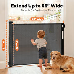 Peluasua gate mesh rolled up to save space in a hallway