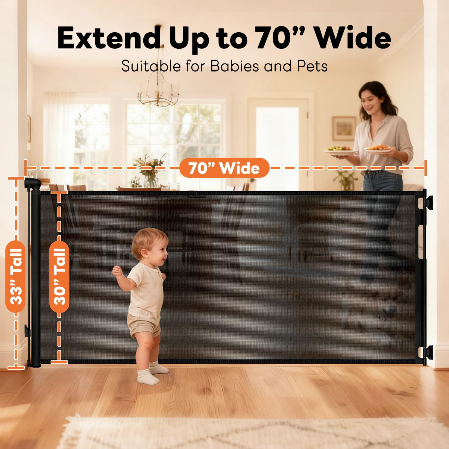 Peluasua retractable gate rolled up demonstrates no bottom bar
