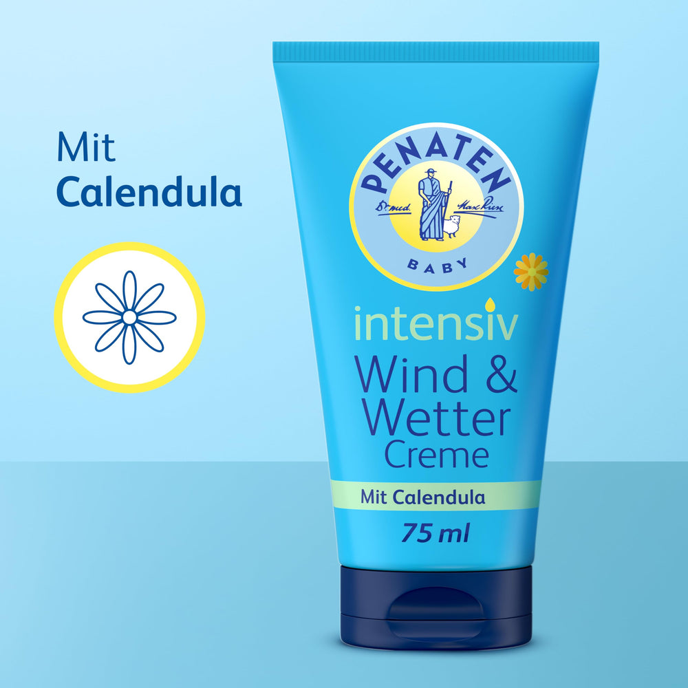Penaten Wind & Weather Cream dermatologically tested label indicates sensitive skin friendly formula.