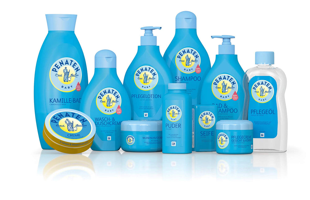 Penaten packaging shot highlighting no dyes and dermatologically tested skin compatibility.
