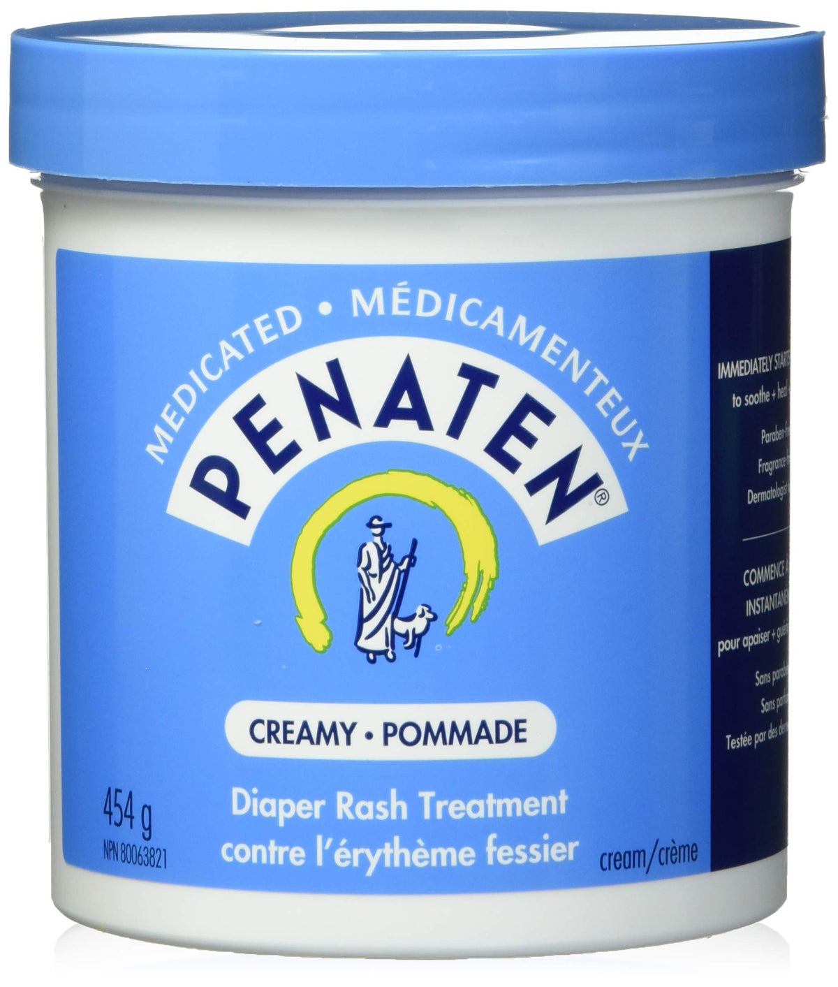 Penaten medicated creamy diaper rash treatment jar front demonstrates barrier protection for sensitive skin.