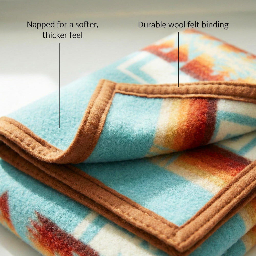 Pendleton Chief Joseph crib blanket aqua wool-cotton weave closeup highlighting durability