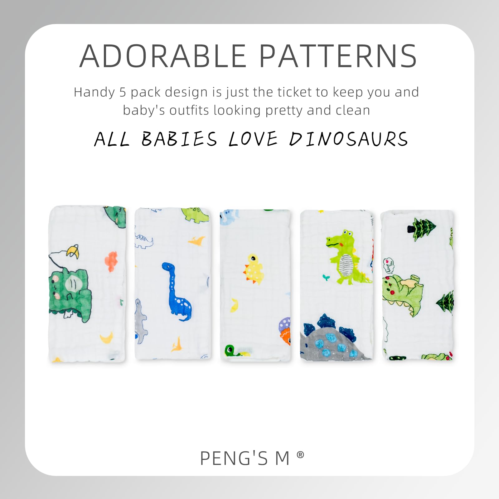 PENG'S M dinosaur print close-up showing soft breathable muslin layers