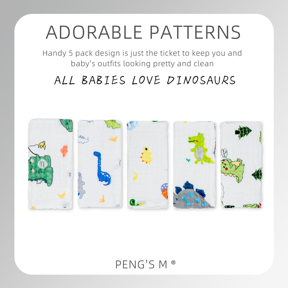 PENG'S M dinosaur print close-up showing soft breathable muslin layers