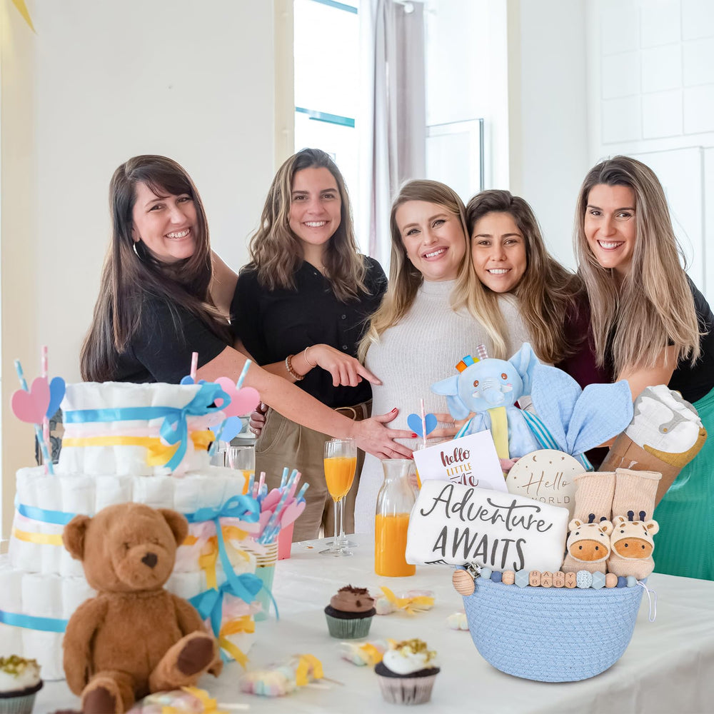 Pengtai Baby Boy Gift Basket adds a wooden name time card and greeting card for memories.