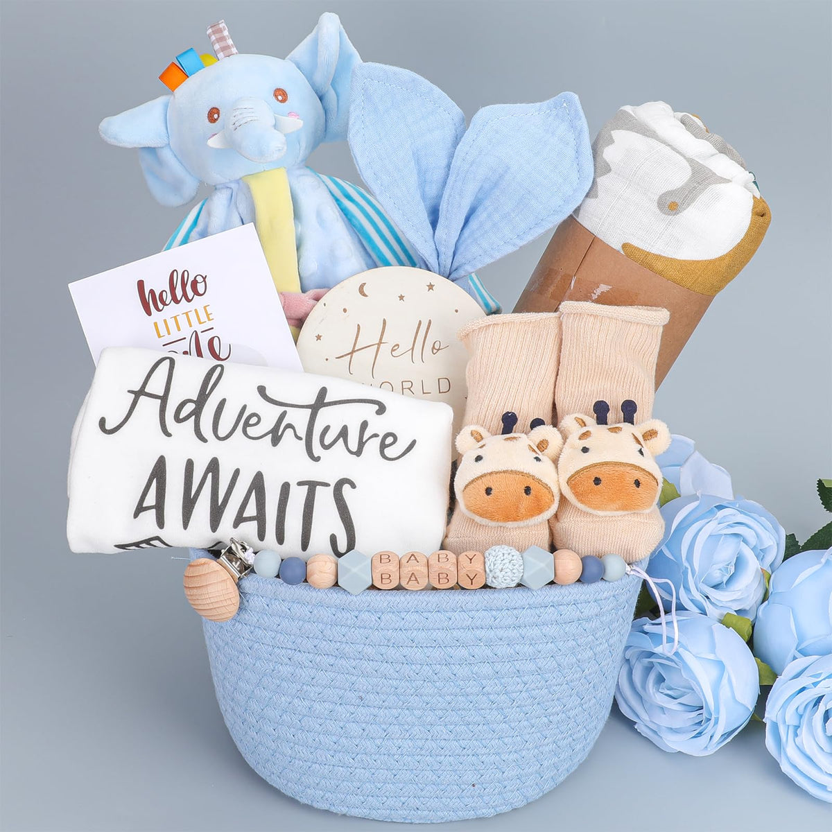 Pengtai Baby Boy Gift Basket shows a woven basket for a practical newborn gift.