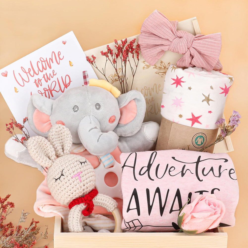 Pengtai Christmas baby girl gift set with pink bodysuit and swaddle, ideal newborn gift for baby showers.