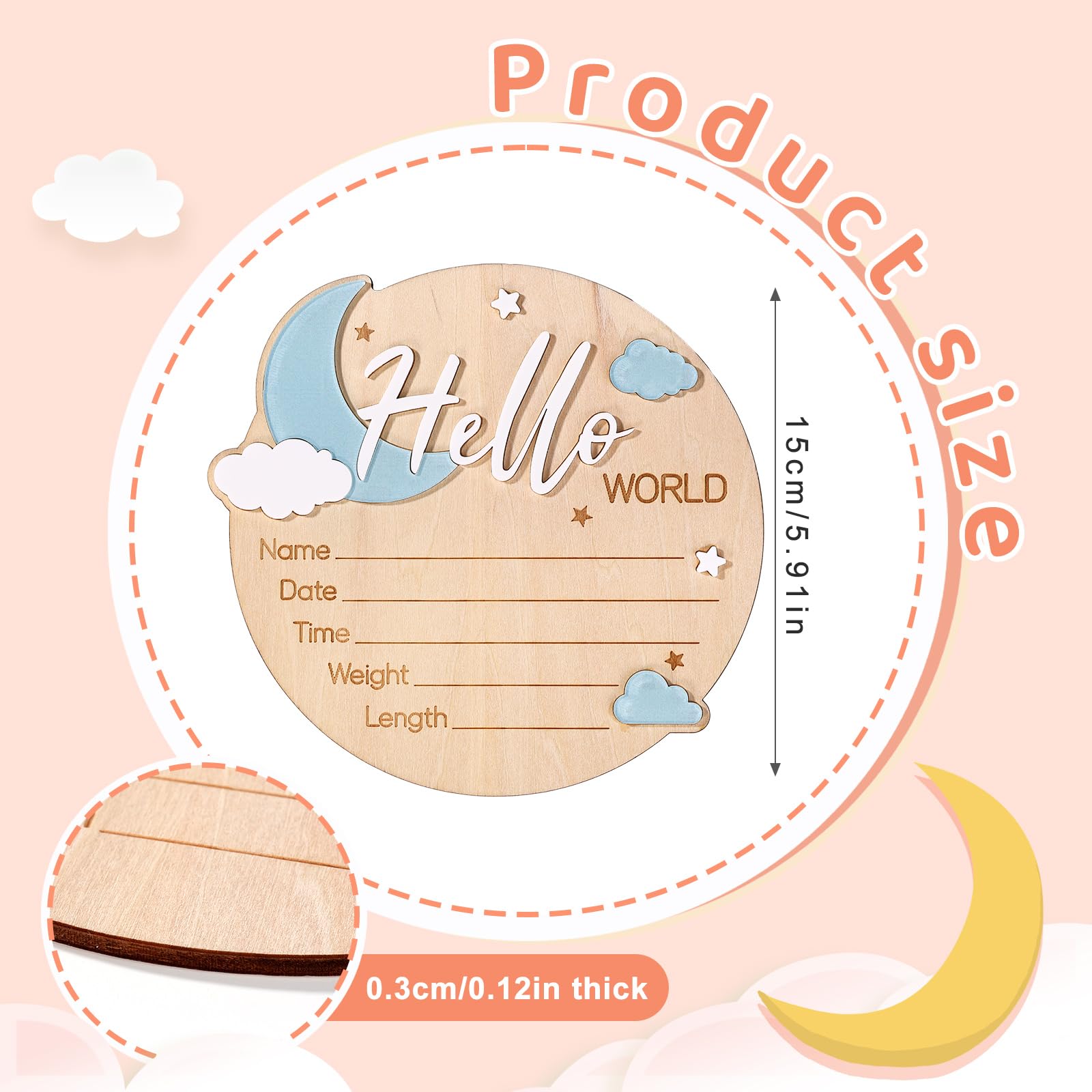 Penitue baby announcement sign blue disk ideal for photo props and nursery art.
