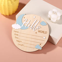 Penitue baby announcement sign natural wood disk offers warm keepsake potential.