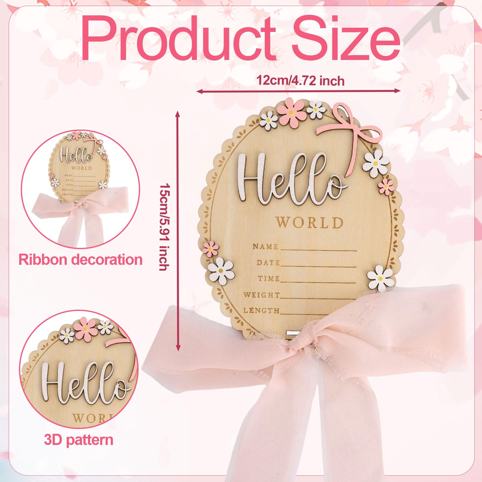 Penitue baby announcement sign with stand and pink ribbon for photo-ready display.