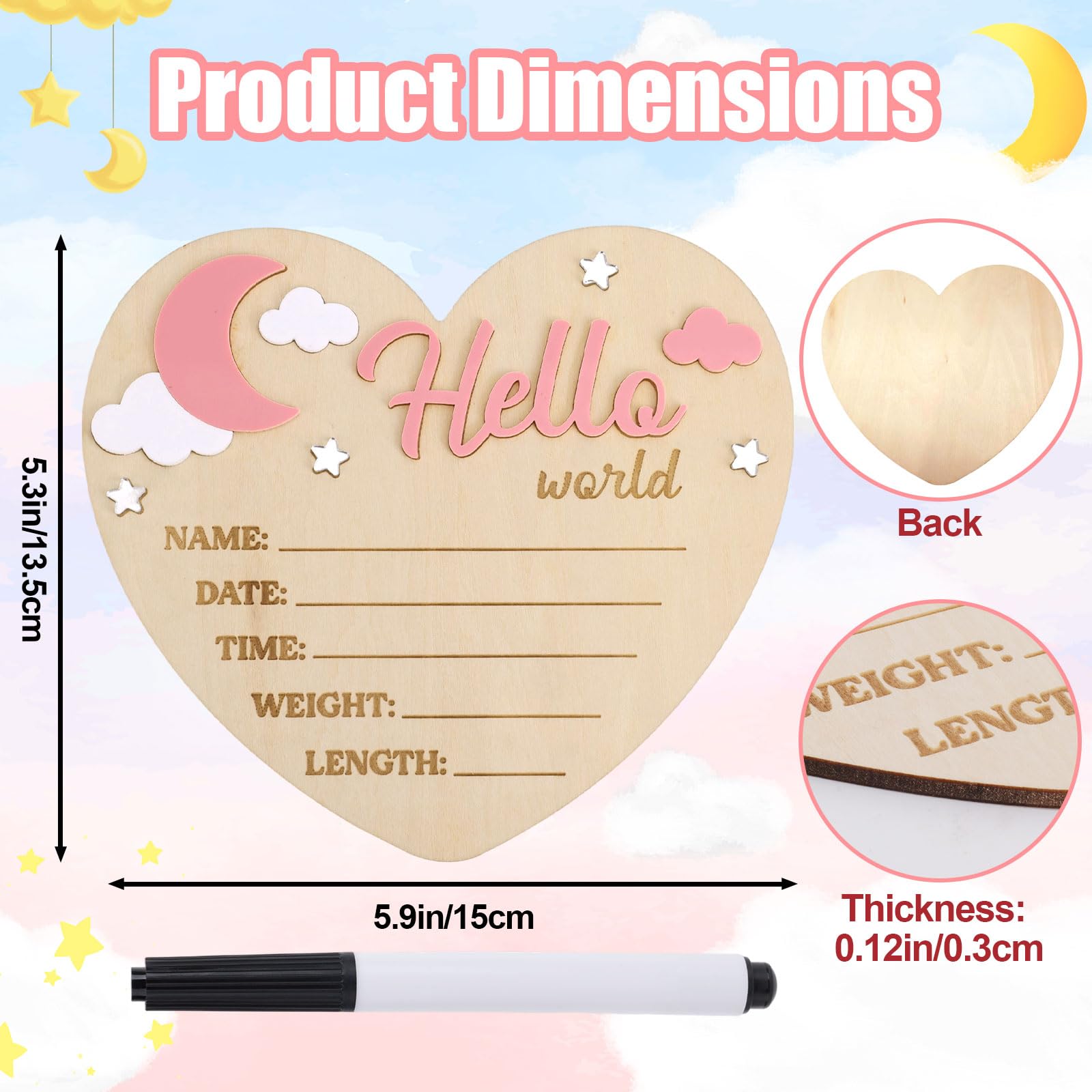 Penitue heart-shaped birth announcement board displayed in nursery decor