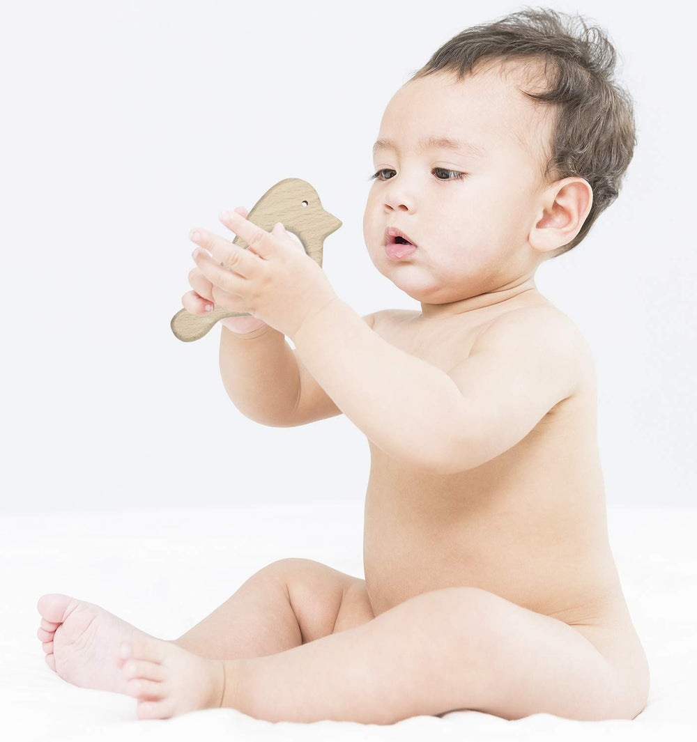 Penta Angel teething ring pigeon engages baby with wooden teether.