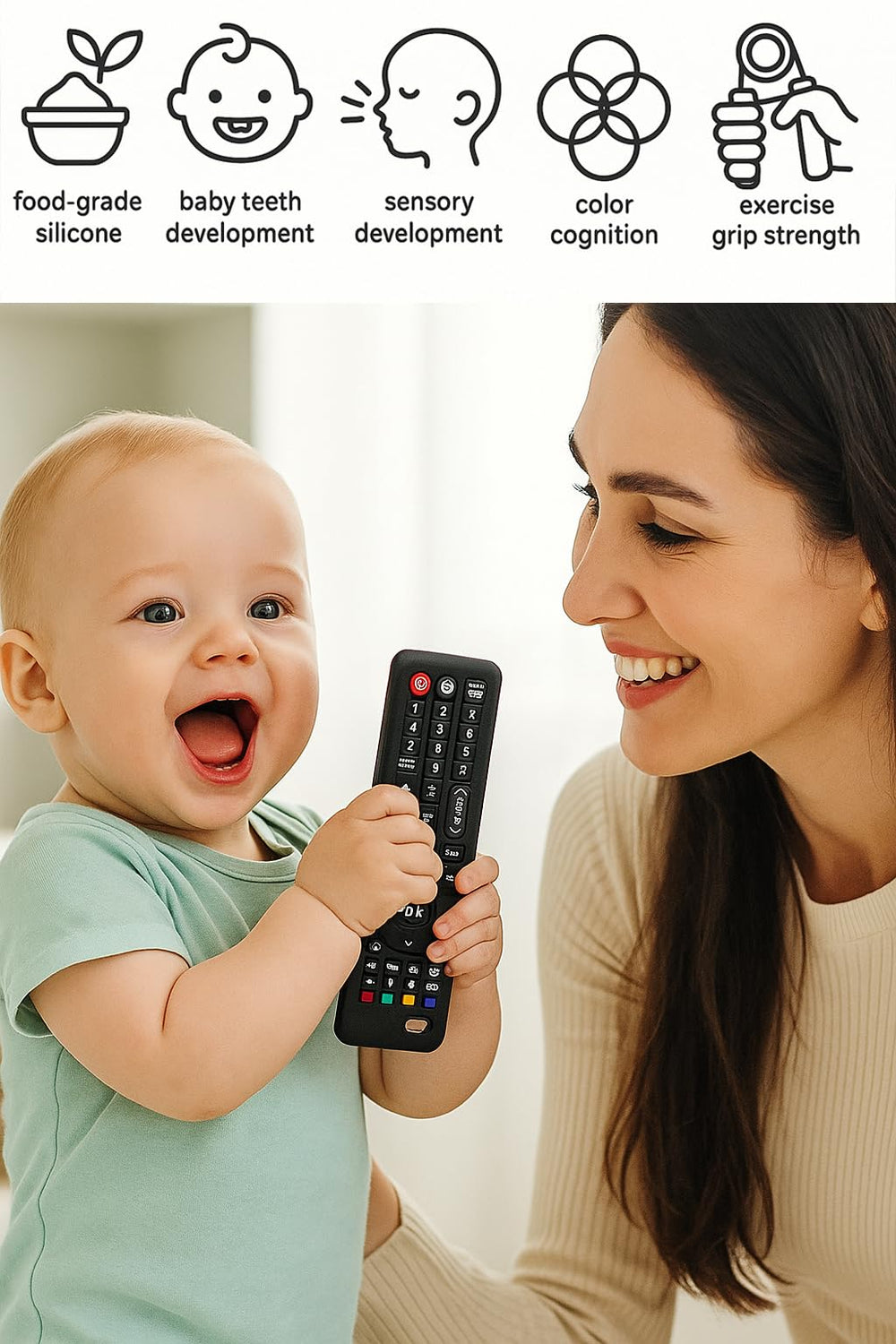 Peoxo baby remote control design emphasizes engaging sensory play and fine motor exploration.