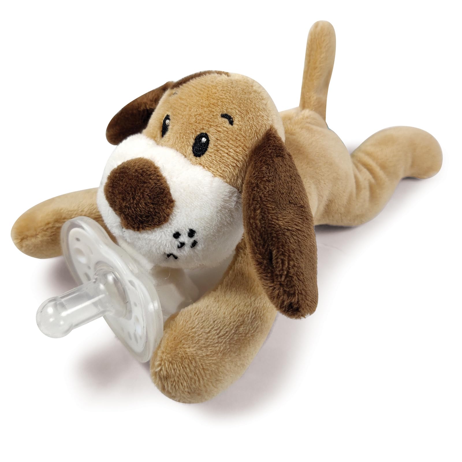 Pepe n Tito dog pacifier holder close-up shows cozy plush for soothing baby