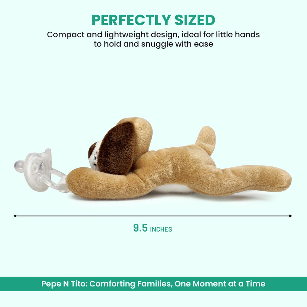 Pepe n Tito dog pacifier holder attaches to silicone handle for easy access