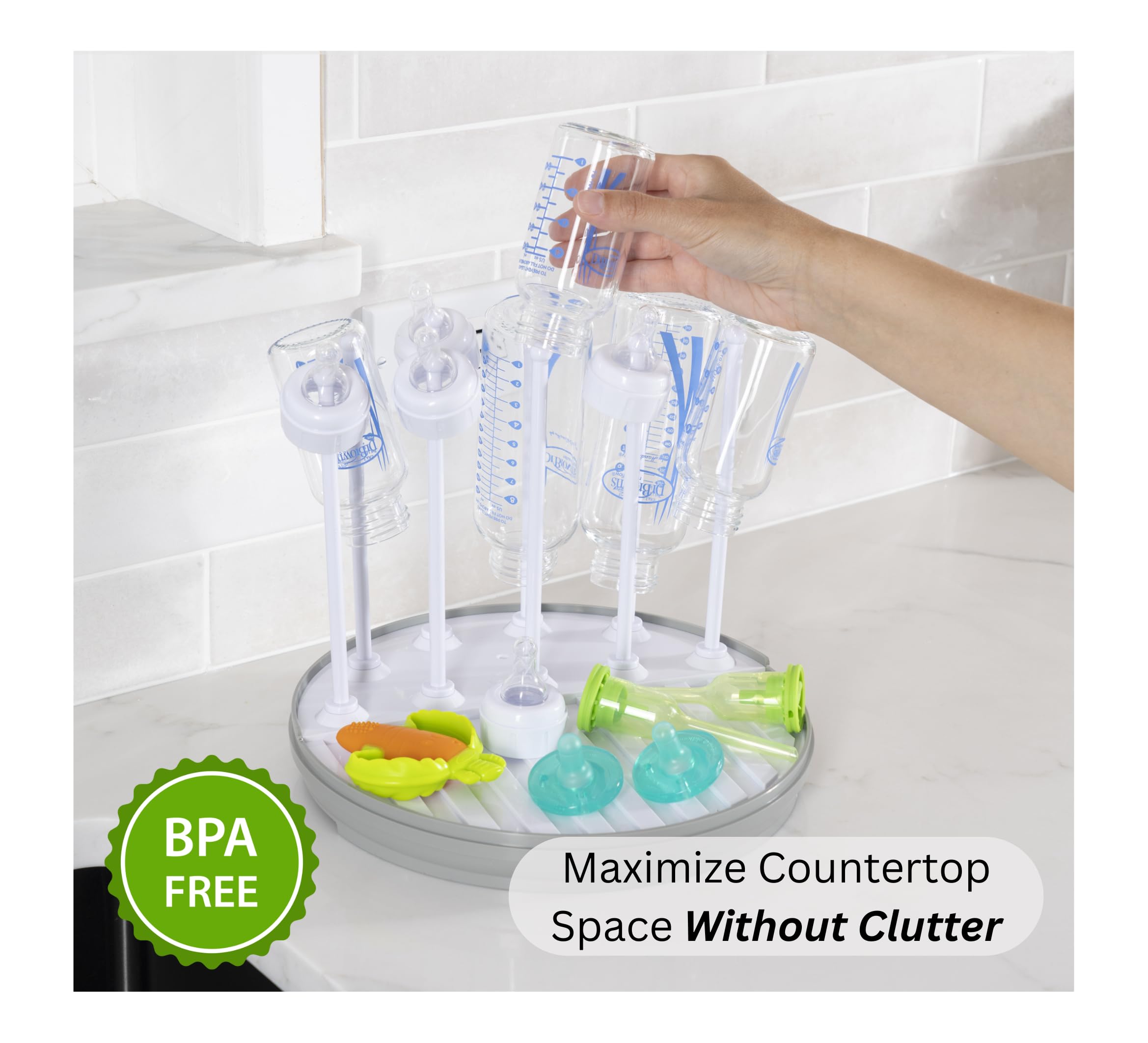 Pequeño bottle drying rack fits under cabinets to save counter space and reduce clutter.