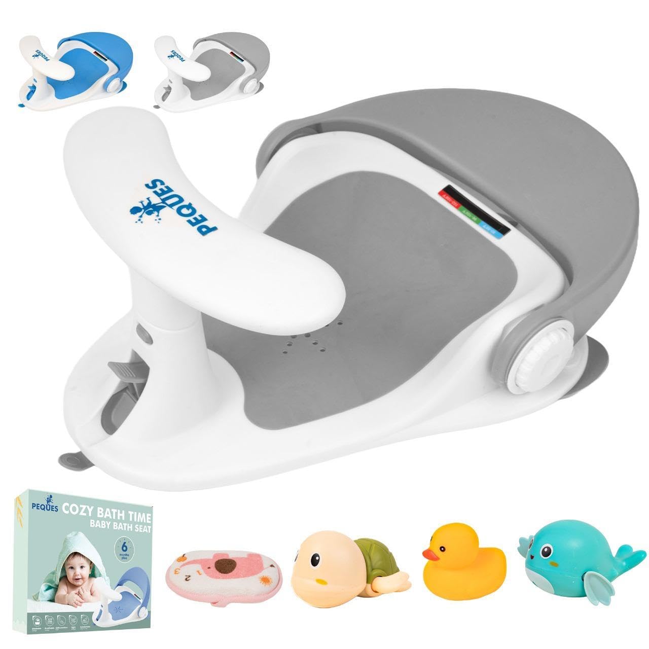 PEQUES Baby Bath Seat front buckle ensures quick, secure seating during bath time.